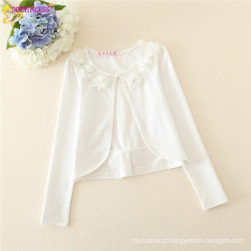 Menina Floral Long Sleeves Tippets, Menina Natural O-pescoço Branco Tippets Com Arco Da Parte Traseira